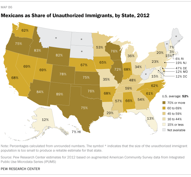 Mexicans as Share of Unauthorized Immigrants, by State, 2012