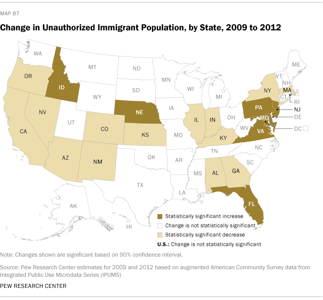 Change in Unauthorized Immigrant Population, by State, 2009 to 2012