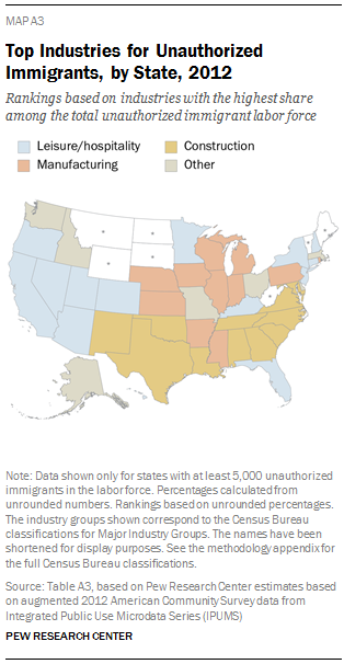 Top Industries for Unauthorized Immigrants, by State, 2012
