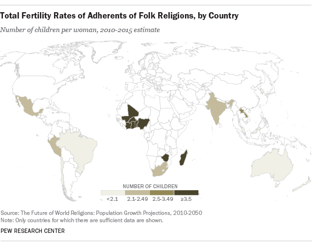 Total Fertility Rates of Adherents of Folk Religions, by Country