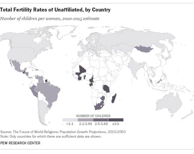 Total Fertility Rates of Unaffiliated, by Country