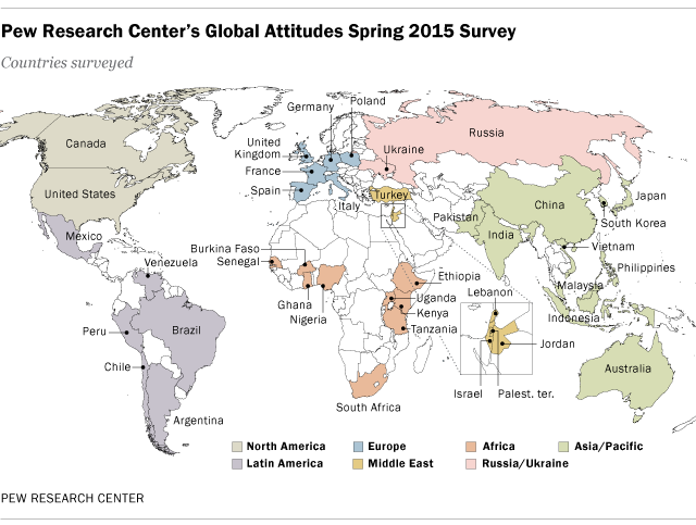 Pew Research Center's global attitudes spring 2015 survey map.