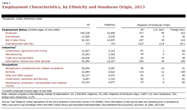 Employment Characteristics, by Ethnicity and Honduran Origin, 2013