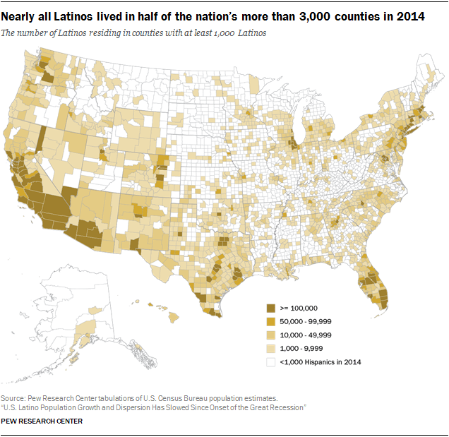 Nearly all Latinos lived in half of the nation’s more than 3,000 counties in 2014