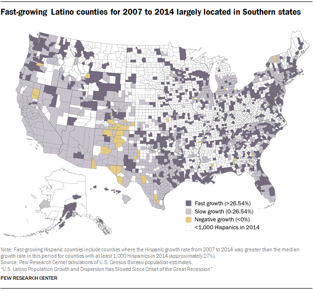 Fast-growing Latino counties for 2007 to 2014 largely located in Southern states