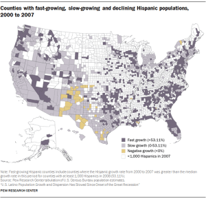 Counties with fast-growing, slow-growing and declining Hispanic populations, 2000 to 2007