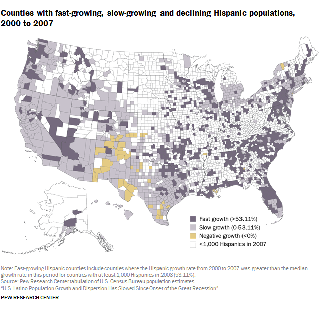 Counties with fast-growing, slow-growing and declining Hispanic populations,  2000 to 2007
