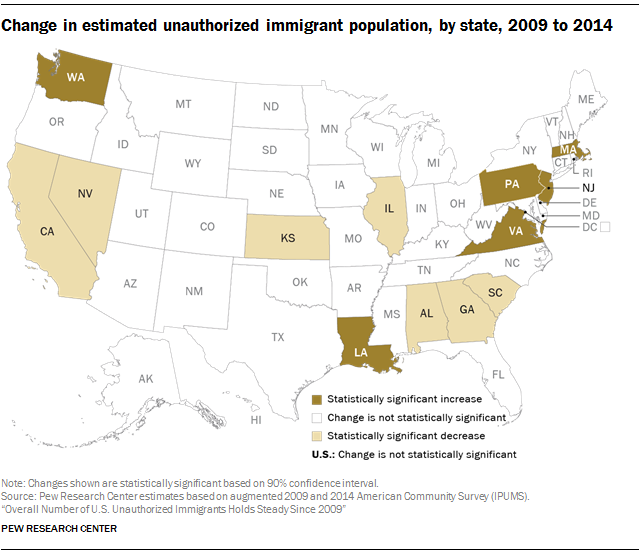 Change in estimated unauthorized immigrant population, by state, 2009 to 2014