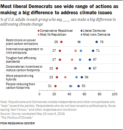 Most liberal Democrats see wide range of actions as making a big difference to address climate issues