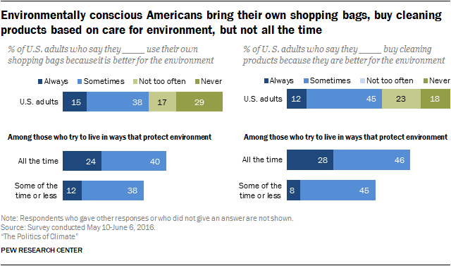 Environmentally conscious Americans bring their own shopping bags, buy cleaning products based on care for environment, but not all the time