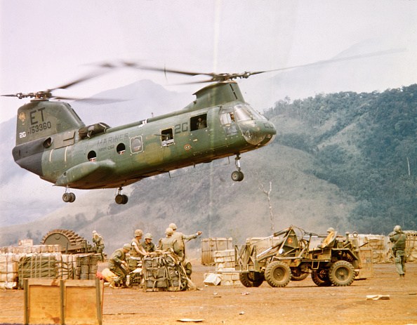 CH-46 Helicopter Picking up Supplies