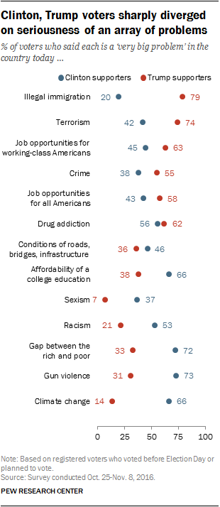 Clinton, Trump voters sharply diverged on seriousness of an array of problems