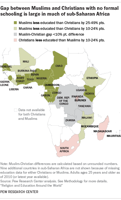 Gap between Muslims and Christians with no formal schooling is large in much of sub-Saharan Africa