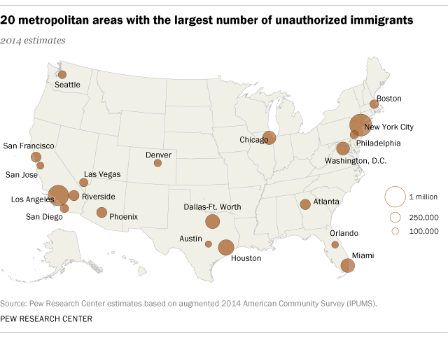 20 U.S. metropolitan areas with the largest number of unauthorized immigrants