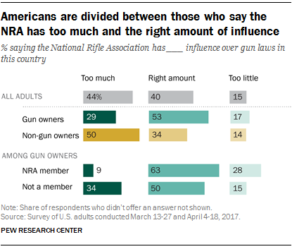 Americans are divided between those who say the NRA has too much and the right amount of influence