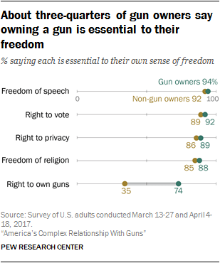 About three-quarters of gun owners say owning a gun is essential to their freedom