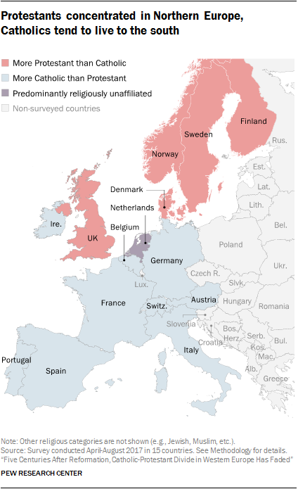 Most Western European countries lean heavily Protestant or heavily Catholic