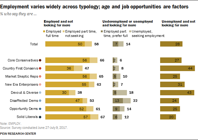 Employment varies widely across typology; age and job opportunities are factors
