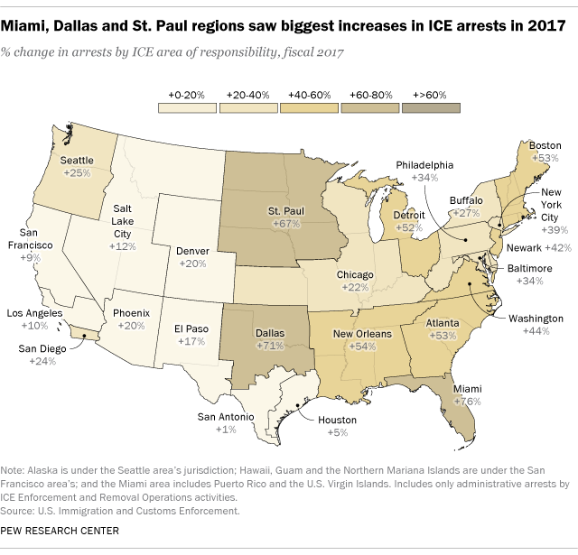 Miami, Dallas and St. Paul regions saw biggest increases in ICE arrests in 2017