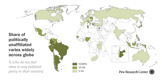 Share of politically unaffiliated varies widely across globe