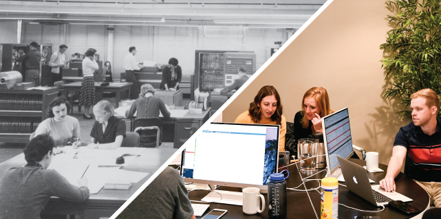 Female "human computers" perform calculations at Langley Research Center, 1955; a day in the office at Velocity Global, 2018. (Smith Collection/Gado/Getty Images, left; Aaron Ontiveroz/The Denver Post via Getty Images)