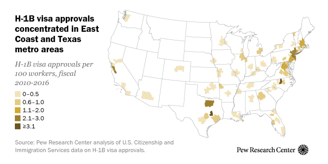 H-1B visa approvals concentrated in East Coast and Texas metro areas