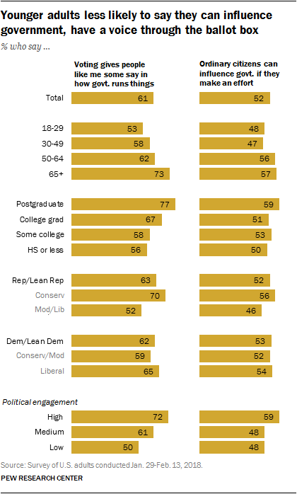 Younger adults less likely to say they can influence government, have a voice through the ballot box