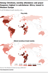 Among Christians, worship attendance and prayer frequency highest in sub-Saharan Africa, lowest in Western Europe