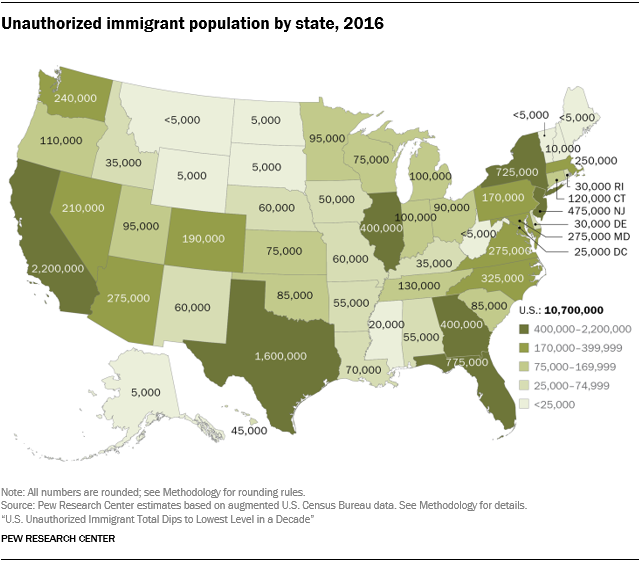 U.S. map showing the total unauthorized immigrant population by state in 2016.