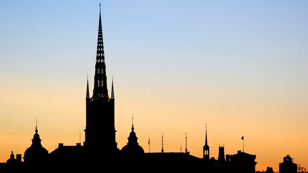 Stockholm spires at sunset
