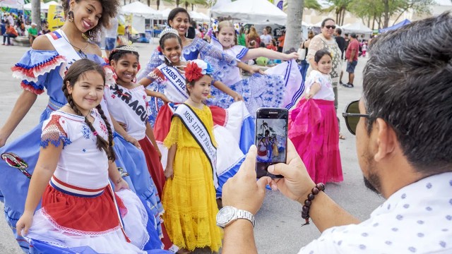 Beauty pageant contestants at the Junta Hispana Hispanic cultural festival in Miami.