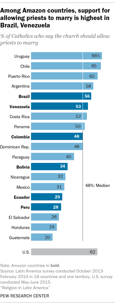 Among Amazon countries, support for allowing priests to marry is highest in Brazil, Venezuela
