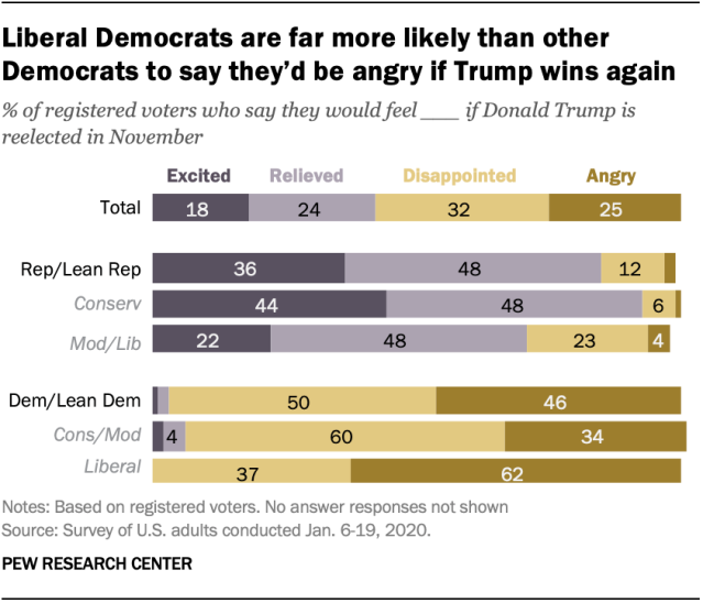 Chart shows liberal Democrats are far more likely than other Democrats to say they’d be angry if Trump wins again