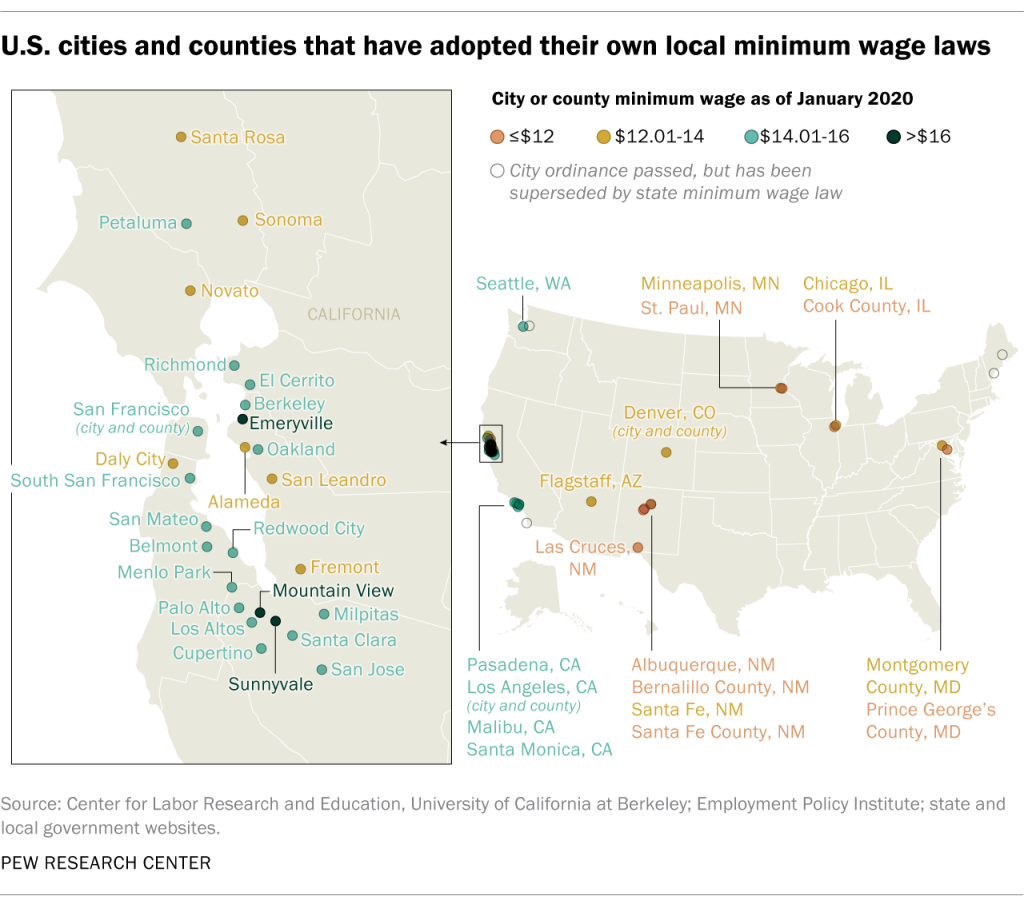 U.S. cities and counties that have adopted their own local minimum wage laws