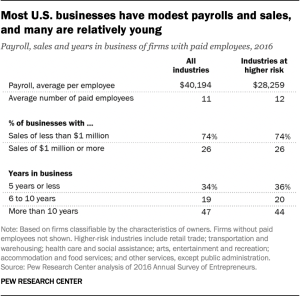 Most U.S. businesses have modest payrolls and sales, and many are relatively young