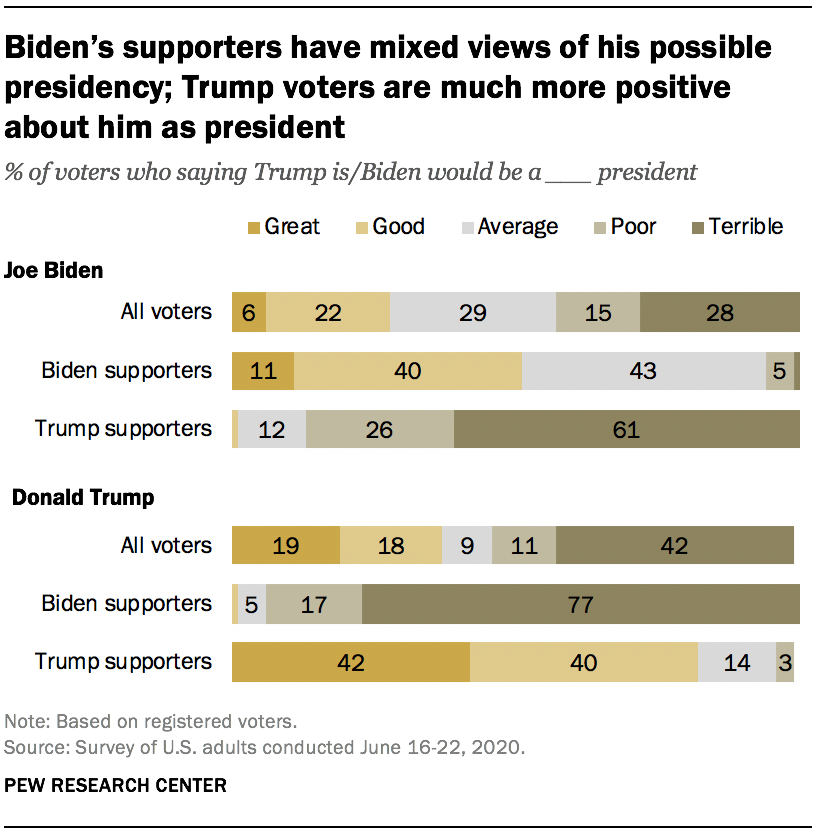 Biden’s supporters have mixed views of his possible presidency; Trump voters are much more positive about him as president