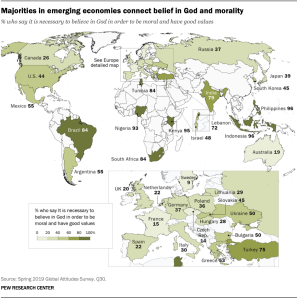 A map showing that majorities in emerging economies connect belief in God and morality