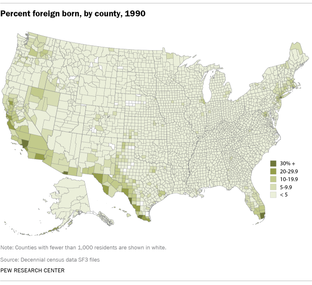 Percent foreign born, by county, 1990
