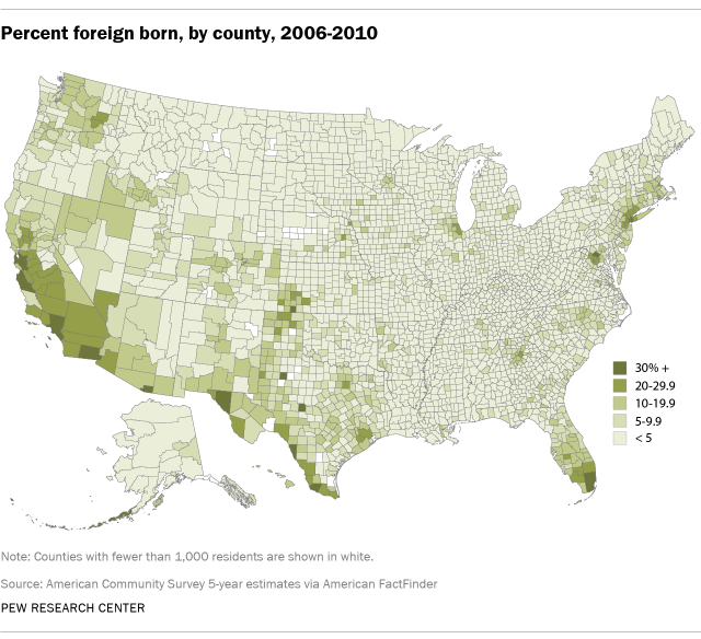 Percent foreign born, by county, 2006-2010