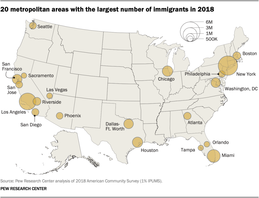 20 metropolitan areas with the largest number of immigrants in 2018