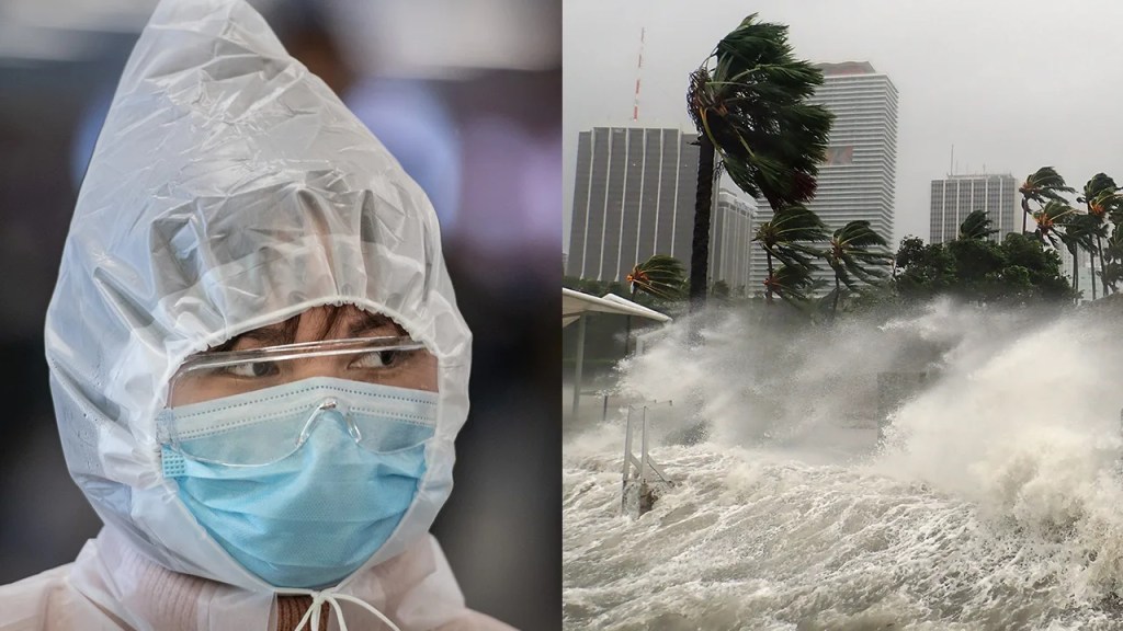 A traveler guarding against COVID-19 leaves the railway station in Wuhan, China, in March 2020; Hurricane Irma pummels Miami in September. (Feature China/Barcroft Media, left; Warren Faidley, both Getty Images)