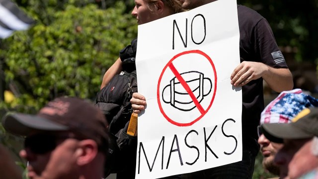 Anti-mask protesters outside the Ohio Statehouse in Columbus on July 18, 2020. (Jeff Dean/AFP via Getty Images)