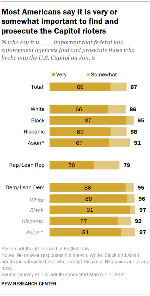 Most Americans say it is very or somewhat important to find and prosecute the Capitol rioters