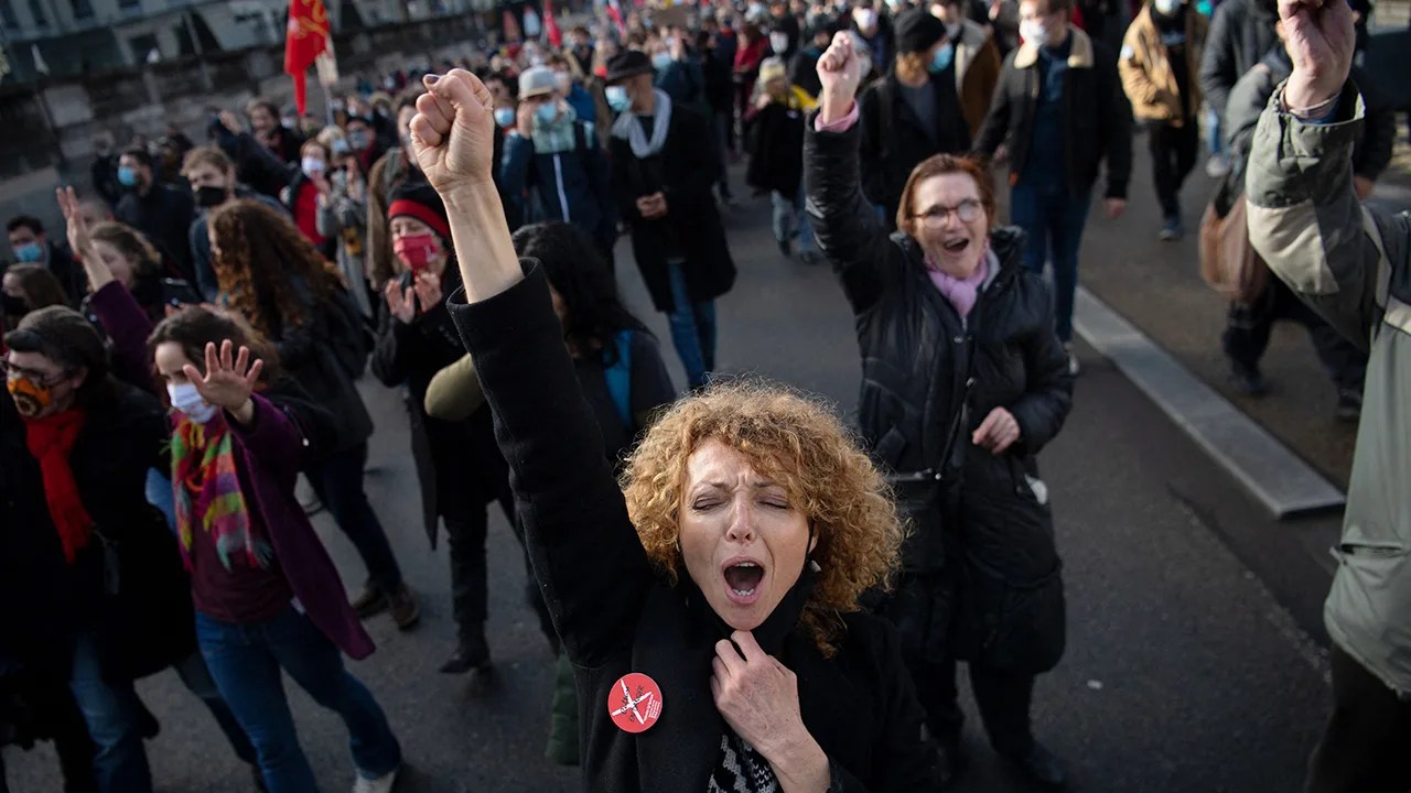 Entertainment industry workers demonstrate in Nantes, France, on Feb. 4 as part of a nationwide day of protests for the preservation and development of employment and public services. (Loic Venance/AFP via Getty Images)