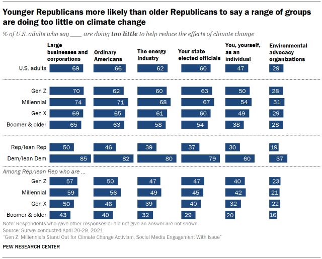 Chart shows younger Republicans more likely than older Republicans to say a range of groups are doing too little on climate change