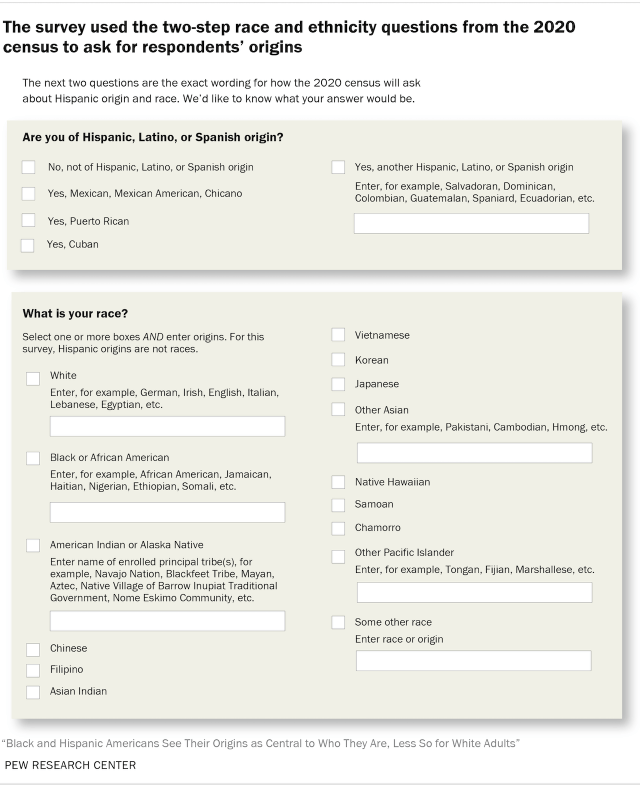 The survey used the two-step race and ethnicity questions from the 2020 census to ask for respondents’ origins