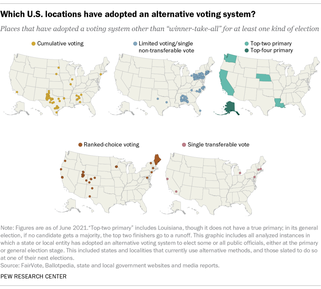 Which U.S. locations have adopted an alternative voting system?