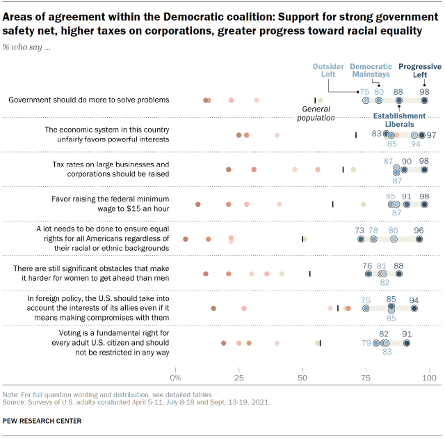 Chart shows areas of agreement within the Democratic coalition: Support for strong government safety net, higher taxes on corporations, greater progress toward racial equality