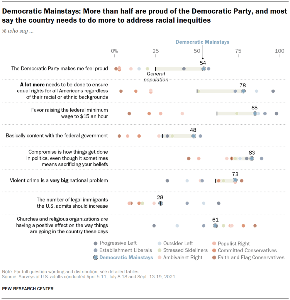 Democratic Mainstays: More than half are proud of the Democratic Party, and most say the country needs to do more to address racial inequities
