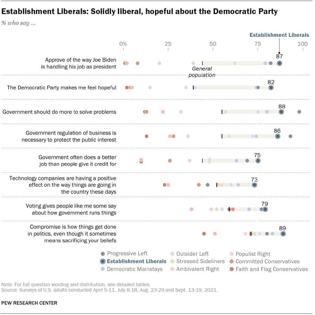 Establishment Liberals: Solidly liberal, hopeful about the Democratic Party